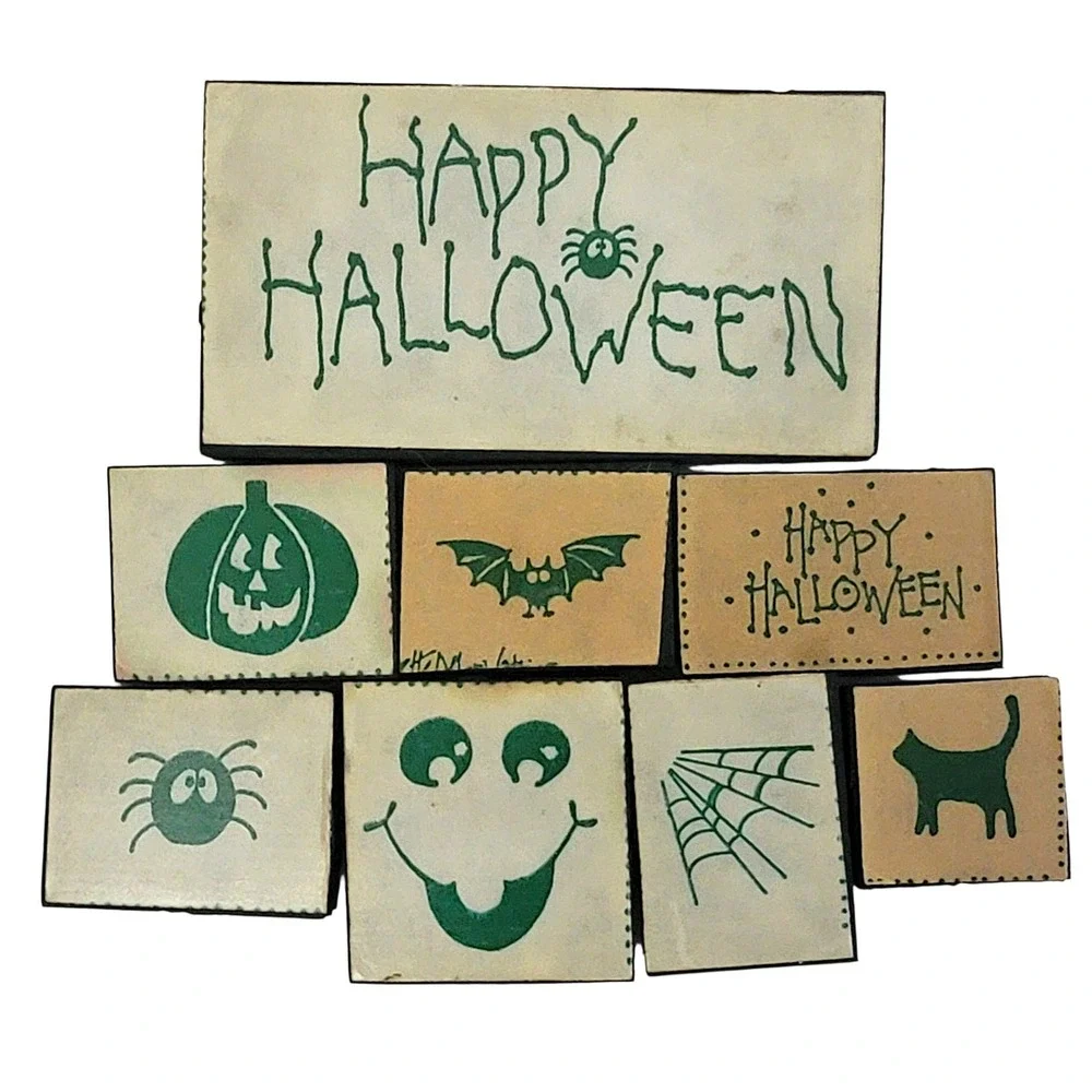 VTG Halloween Rubber Stamp Set 8 Pc Foam Spider Jack O Lantern Bat Cat Web‎